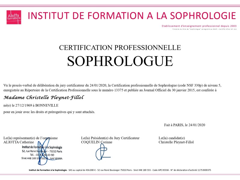 Diplôme de sophrologue certifié