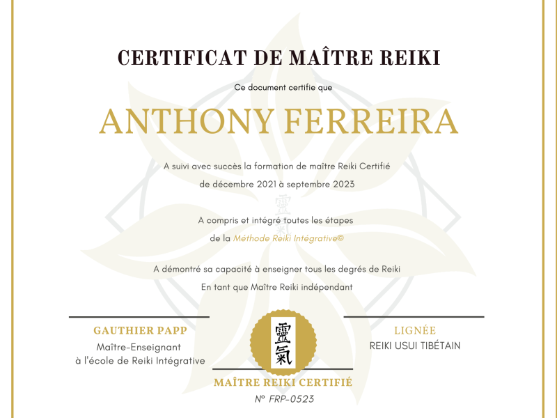 Certificat de Maitre Reiki Enseignant