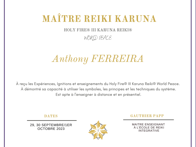 Certificat de Maitre Reiki Karuna