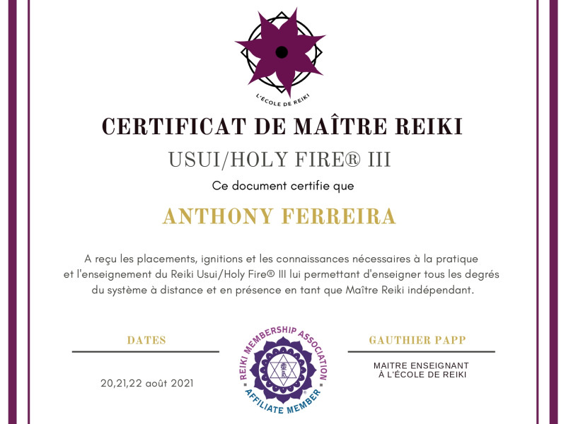 Certificat de Maitre Reiki Usui Holy Fire III