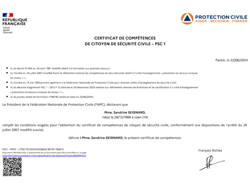 Certificat de compétence de citoyen de sécurité civile