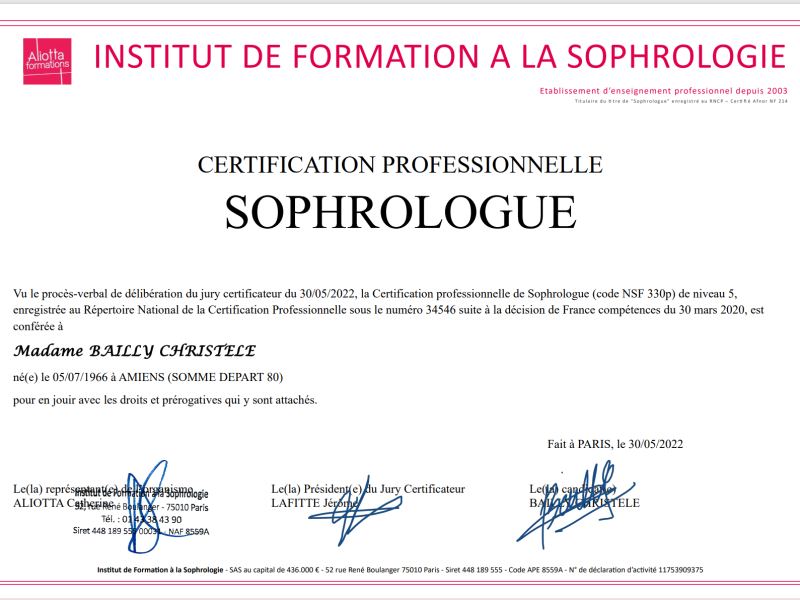 Diplôme de Sophrologue Certifiée